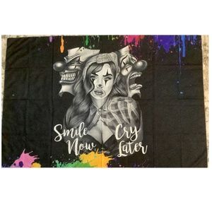 New in package Smile now Cry Later backdrop clown faces wall hanging